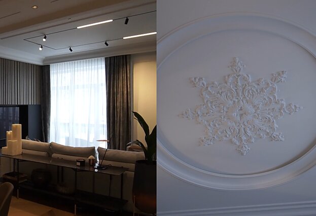 Erdvus butas iš dviejų dalių: įdomioji interjero detalė – lubų rozetė, suteikianti būstui prabangos ir išskirtinumo