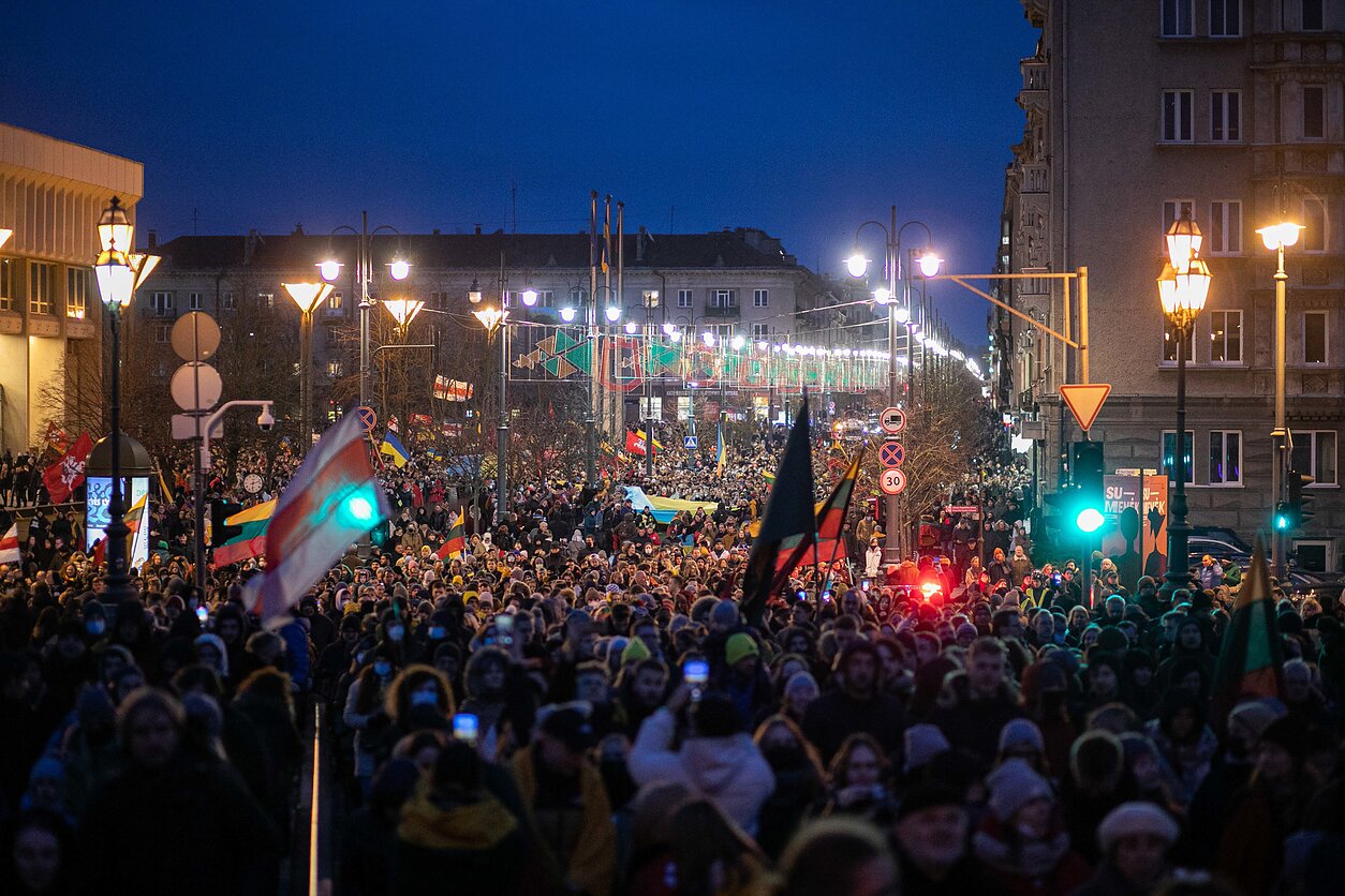On the first day of the invasion, tens of thousands of people across Lithuania hit the streets to express solidarity with Ukrainians and condemn Russia’s actions