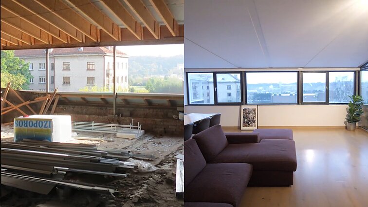 Kiaurą balandžių palėpę pavertė keturių kambarių būstu: akcentais tapo kolonos ir medžio lukšto siena