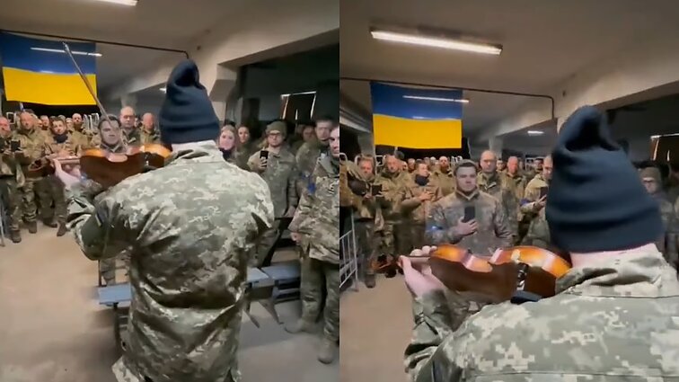 Po įtemptos dienos Ukrainos karys atlieka dar vieną pareigą - smuiku sugroja savo šalies himną