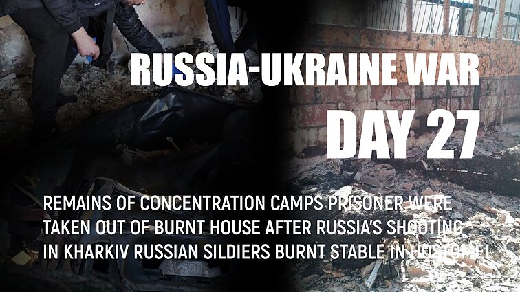 Day 27 of invasion. Ukrainian women and children are forcibly taken out to Russia, russian sildiers burnt stable in Hostomel
