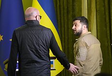 Europos Vadovų Tarybos pirmininkas Charles`is Michelis ir Volodymyras Zelenskis Europos Vadovų Tarybos pirmininkas Charles`is Michelis ir Volodymyras Zelenskis