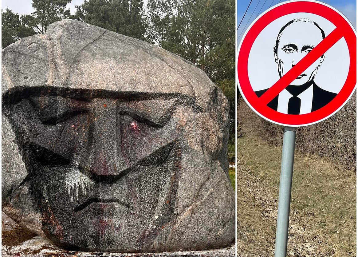 Paminklas Raudonosios armijos kariams Neringoje ir ženklas sodų bendrijoje „Putinas“ Paminklas Raudonosios armijos kariams Neringoje ir ženklas sodų bendrijoje „Putinas“