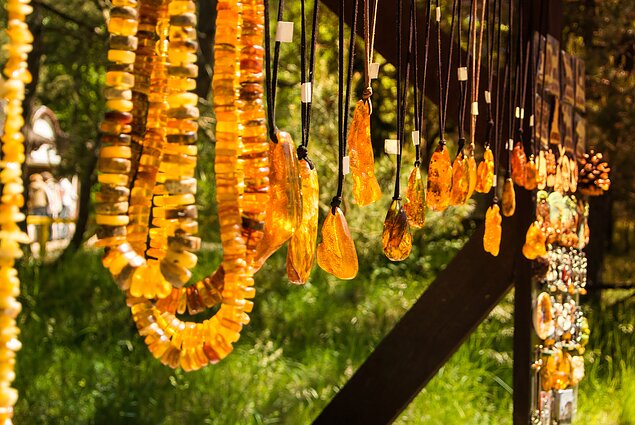Amber pendants and necklaces at the street market in Kaliningrad Oblast
