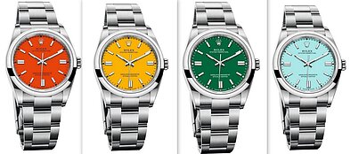 Prieš keletą metų „Rolex“ sudrebino rinką naujų spalvų ciferblatais. „Oyster Perpetual“ yra pigiausia „Rolex“ kolekcija. Toks 36 mm laikrodis kainuoja 4 650 svarų, bet jei pamatysite moterį segint vieną iš jų, žinokite, kad ji arba jos vyras yra labai geri „Rolex“ klientai, arba ji stipriai permokėjo.    