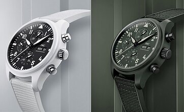Du naujausi „Big Pilot's Watch Top Gun“ serijos hitai – baltas „Lake Tahoe“ ir prislopintos žalios spalvos „Woodland“