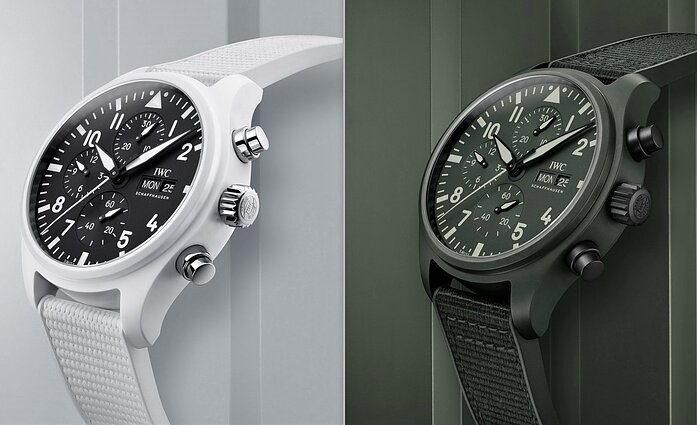 Du naujausi „Big Pilot's Watch Top Gun“ serijos hitai – baltas „Lake Tahoe“ ir prislopintos žalios spalvos „Woodland“