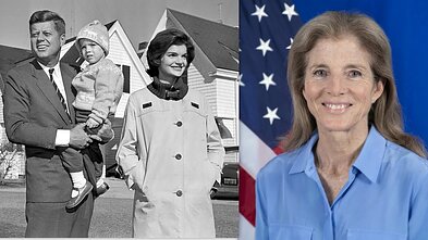 Demokratų partijos kandidatas į prezidentus Johnas F. Kennedy su žmona Jacqueline ir dukra Caroline (1960 m.). Caroline Bouvier Kennedy (g. 1957 m.) yra autorė, advokatė ir diplomatė. Šiuo metu ji yra JAV ambasadorė Australijoje.