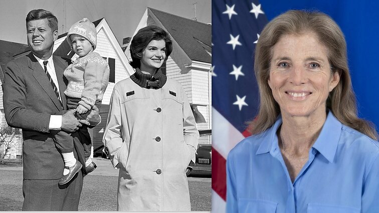 Demokratų partijos kandidatas į prezidentus Johnas F. Kennedy su žmona Jacqueline ir dukra Caroline (1960 m.). Caroline Bouvier Kennedy (g. 1957 m.) yra autorė, advokatė ir diplomatė. Šiuo metu ji yra JAV ambasadorė Australijoje.