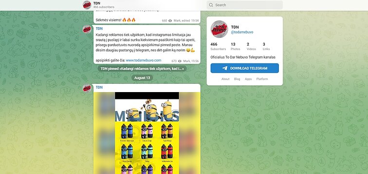 Žinutėje reklamuoto pardavėjo socialinių tinklų paskyros