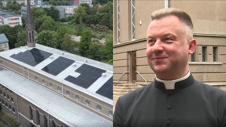 Žinios. Bažnyčia Klaipėdoje tikisi dėl elektros sąskaitų nesukti galvos: ant stogo įsirengė saulės kolektorius
