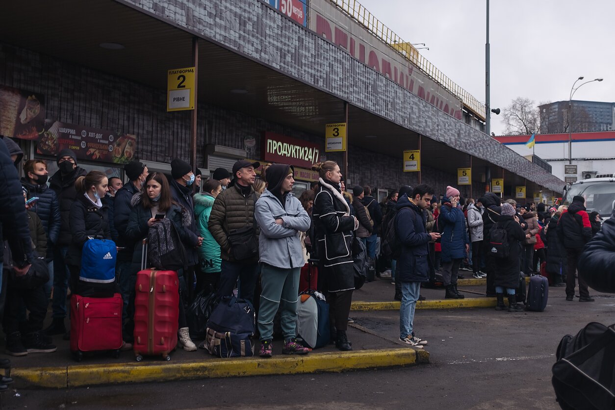February 24. People tried to leave Kyiv en mass, swarming the central bus station.