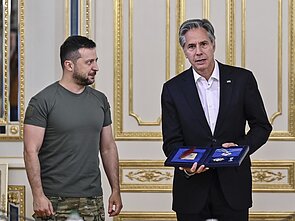 Volodymyras Zelenskis ir Antony Blinkenas. JAV valstybės sekretorius ketvirtadienį apsilankė Kyjive