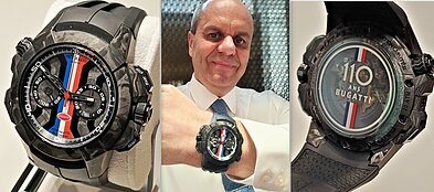 „Epic X Chrono Bugatti“ diametras – 47 mm. Tai didelis ir tvirtas laikrodis, bet neįtikėtinai lengvas ir labai patogiai guli ant riešo. Automatinis mechanizmas, galios atsarga 48 val., nelaidus vandeniui iki 200 m. 