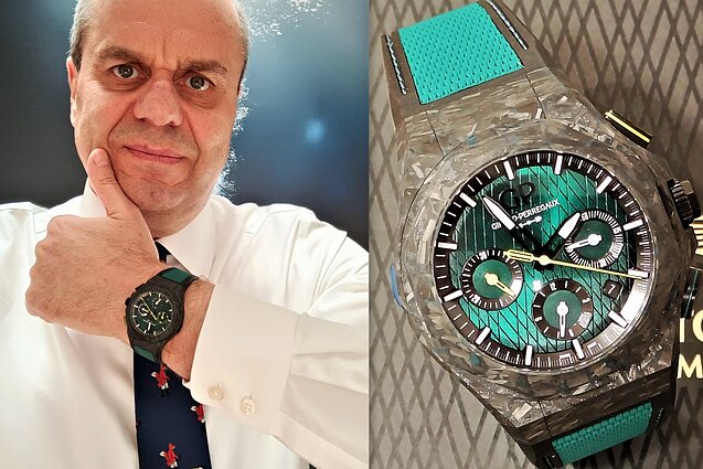 „Girard-Perregaux Laureato Absolute Chronograph Aston Martin F1 Edition“. Riboto kiekio serija – 306 vienetų, korpuso diametras 44 mm, antirefleksinis safyro kristalas iš abiejų pusių. Manufaktūrinis automatinis „GP03300-1058“ chronografo mechanizmas, 419 dalių, galios atsarga 46 val.