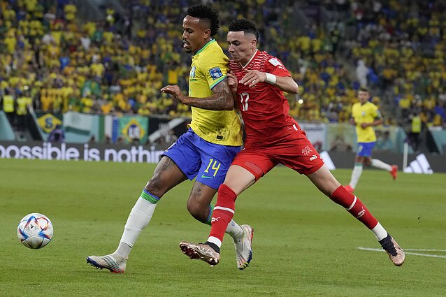 FIFA pasaulio futbolo čempionatas. Gražiausi pirmo kėlinio momentai rungtynėse tarp Brazilijos ir Šveicarijos