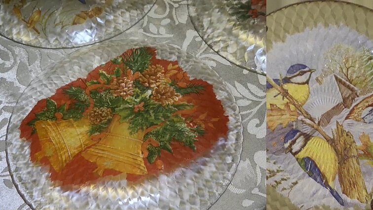 Dekoruokite arba atnaujinkite stiklines lėkštes kalėdiniais motyvais: kūrybai naudojamos popierinės servetėlės