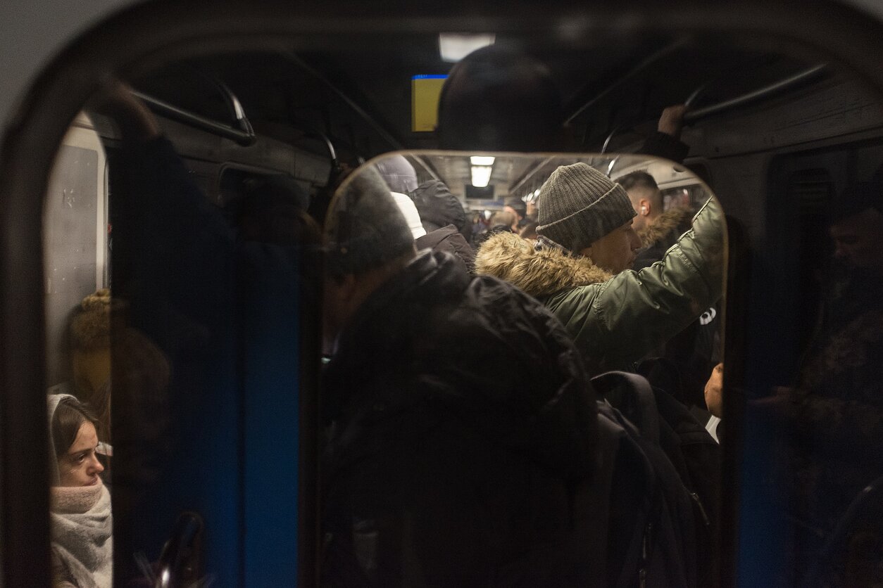 People in a crowded Kyiv metro train. During Russian missile attacks, the stations dug hundreds of metres below ground provide some of the safest shelters. They were originally built during the Cold War to withstand a nuclear attack. People in a crowded Kyiv metro train. During Russian missile attacks, the stations dug hundreds of metres below ground provide some of the safest shelters. They were originally built during the Cold War to withstand a nuclear attack.