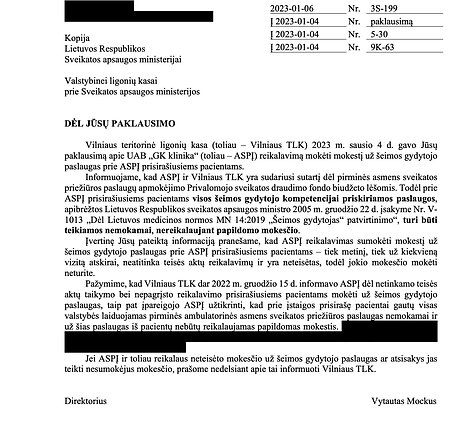 Vilniaus teritorinės ligonių kasos atsakymas į T. Chochrin skundą
