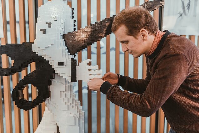 Rokas Mikšiūnas and his Lego sculpture