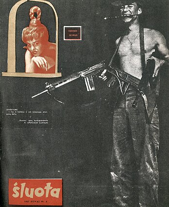 Žurnalo „Šluota“ (nr. 6, 1967) viršelis. K. Apočius. Šis viršelis, anot istorikų, vienas iš nedaugelio vyro seksualizacijos pavyzdžių, kuriuos galima aptikti tuometinėje spaudoje Žurnalo „Šluota“ (nr. 6, 1967) viršelis. K. Apočius. Šis viršelis, anot istorikų, vienas iš nedaugelio vyro seksualizacijos pavyzdžių, kuriuos galima aptikti tuometinėje spaudoje