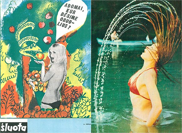 Žurnalo „Šluota“ (nr. 17, 1967) viršelis. A. Stepanauskas / Žurnalo „Jaunimo gretos“ (nr. 12, 1986) viršelis. Liudvikas Ruikas. Žurnalo „Šluota“ (nr. 17, 1967) viršelis. A. Stepanauskas / Žurnalo „Jaunimo gretos“ (nr. 12, 1986) viršelis. Liudvikas Ruikas.