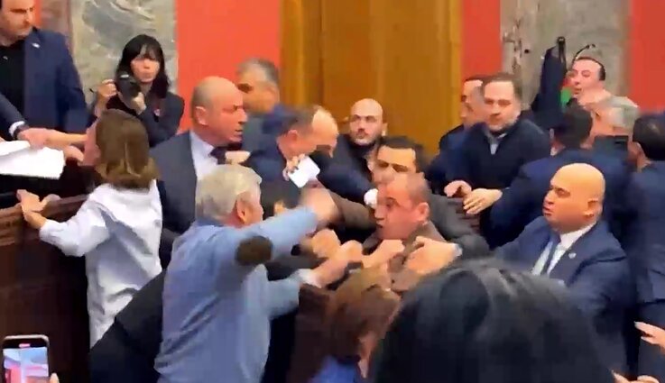 Naujo įstatymo svarstymą palydėjo politikų muštynės: su pavyzdžiu Rusijoje lyginamas projektas užkūrė pirtį Sakartvelo parlamente