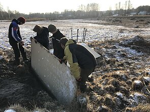 Pelkių atkūrimo ir apsaugos fondo specialistai tvenkia nusausintą Tartoko pelkę. 