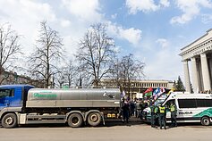 Lithuanian dairy farmers stage a protest outside the parliament in Vilnius