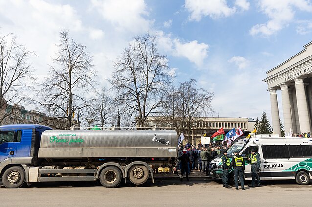 Lithuanian dairy farmers stage a protest outside the parliament in Vilnius