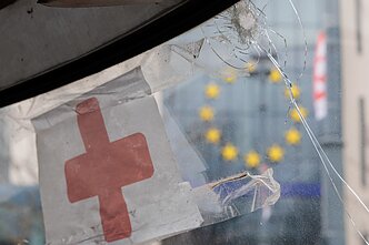 Damaged Ukrainian ambulance goes on display in Vilnius