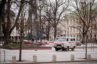 Damaged Ukrainian ambulance goes on display in Vilnius