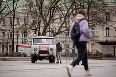 Damaged Ukrainian ambulance goes on display in Vilnius
