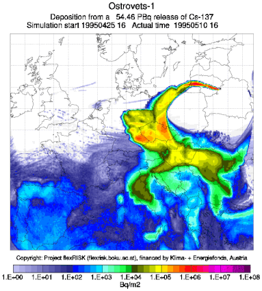 Результаты исследования flexRISK «Гибкие инструменты для оценки ядерного риска в Европе». Красный цвет означает возможность эвакуации населения, жёлтый - угроза для сельскохозяйственного производства, зелёны и синий - повышение концентрации цезия, не превышающая установленные лимиты Результаты исследования flexRISK «Гибкие инструменты для оценки ядерного риска в Европе». Красный цвет означает возможность эвакуации населения, жёлтый - угроза для сельскохозяйственного производства, зелёны и синий - повышение концентрации цезия, не превышающая установленные лимиты