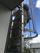 Mokytoja ir darželio bitininkė Asta lipa ant stogo Mokytoja ir darželio bitininkė Asta lipa ant stogo