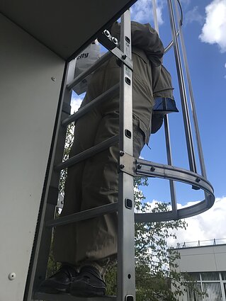 Mokytoja ir darželio bitininkė Asta lipa ant stogo Mokytoja ir darželio bitininkė Asta lipa ant stogo