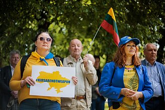 Several dozen people rallied outside the Russian Embassy in Vilnius to protest the abduction of Ukrainian children Several dozen people rallied outside the Russian Embassy in Vilnius to protest the abduction of Ukrainian children