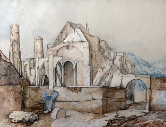 Samuel Bak, "Landscape with buildings", 1977 