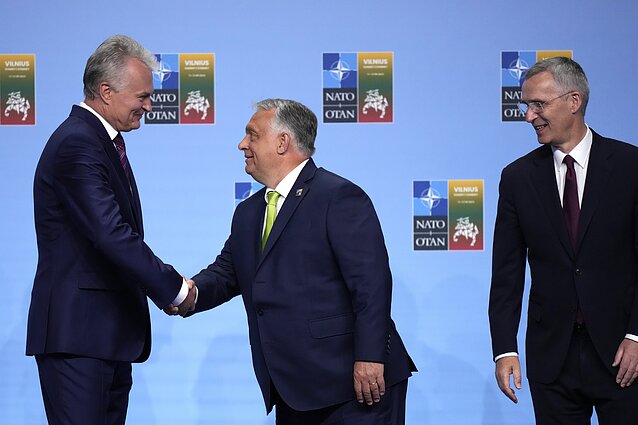 Gitanas Nausėda, Jens Stoltenberg, and Hungarian Prime Minister Viktor Orbán Gitanas Nausėda, Jens Stoltenberg, and Hungarian Prime Minister Viktor Orbán