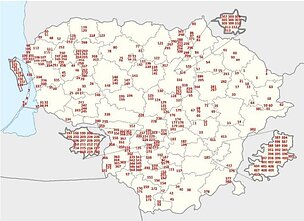 V. Rimaitės-Beržiūnienės disertacijoje analizuotų paminklų išsidėstymas Lietuvoje