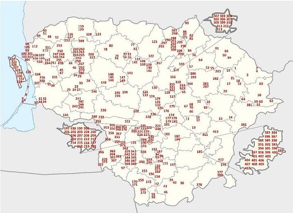 V. Rimaitės-Beržiūnienės disertacijoje analizuotų paminklų išsidėstymas Lietuvoje