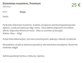 Pardavinėjamos džiovintų musmirių kepurėlės