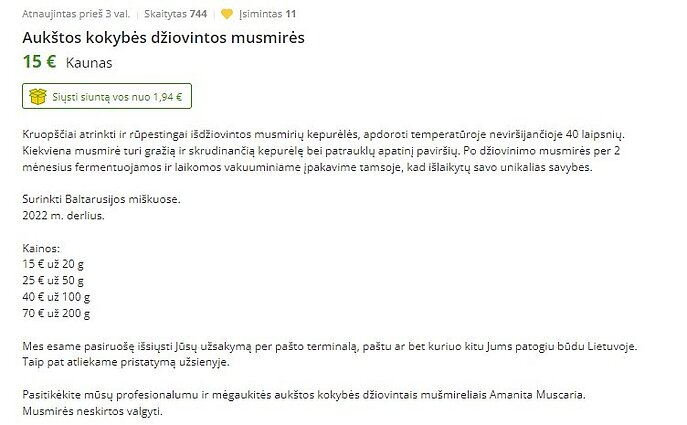 Pardavinėjamos džiovintų musmirių kepurėlės
