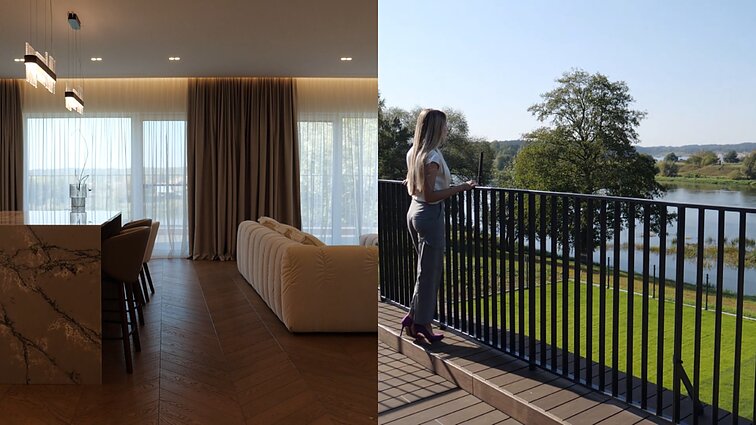 Erdvus, modernios klasikos būstas: vyrauja natūralios spalvos, o pro langus atsiveria Neries pakrantės vaizdas