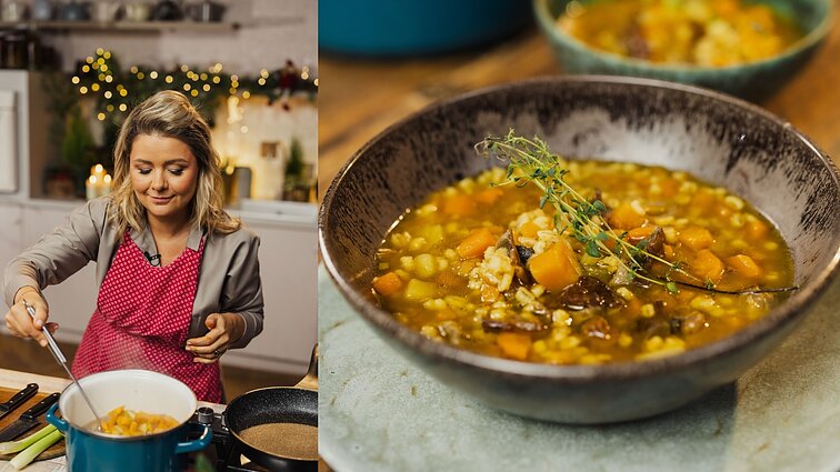 Beatos virtuvėje – nostalgiška perlinių kruopų sriuba su džiovintais grybais ir moliūgu