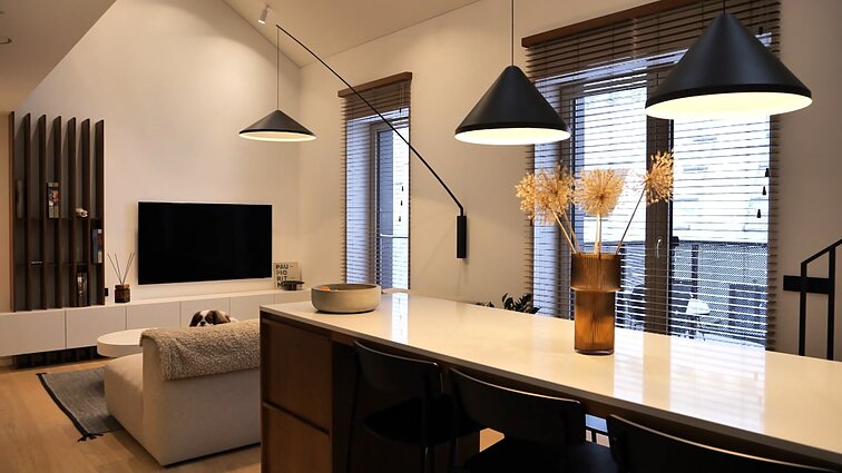 Modernus, dviaukštis, miesto ritmu alsuojantis būstas: pagrindinis interjero akcentas – sodrios spalvos medis