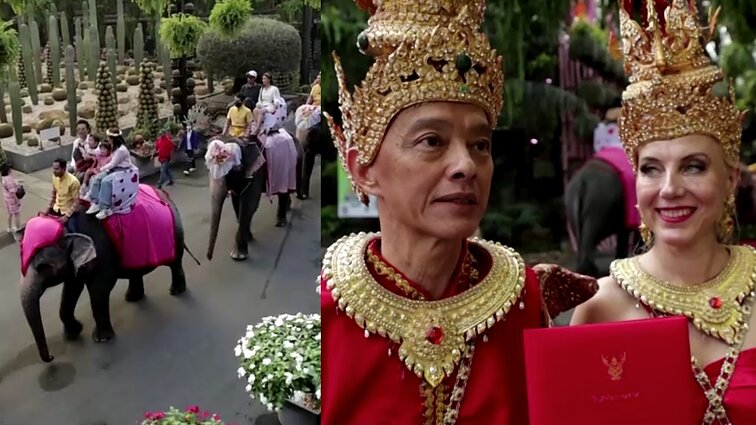 Gėlėta Valentino dienos ceremonija Tailande: devynios poros apsikeitė įžadais, keliaudamos drambliais