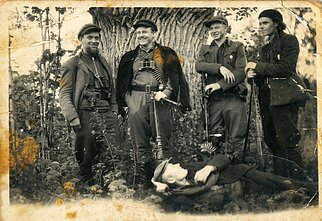 Vyčio apygardos Briedžio rinktinės Aro būrio partizanai prie storo ąžuolo kamieno. Ramygalos valsč. (dab. Panevėžio r.), apie 1948–1949 m. Vyčio apygardos Briedžio rinktinės Aro būrio partizanai prie storo ąžuolo kamieno. Ramygalos valsč. (dab. Panevėžio r.), apie 1948–1949 m.