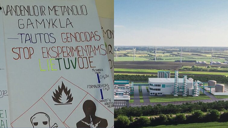 „Mums reikia tyro oro, gėlo vandens“: akmeniškiai vandenilio gamyklos investuotojus pasitiko šūkiais ir plakatais