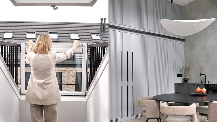 Pilkos spalvos burtai ir langai, virstantys balkonais: stilingas mansardinio buto interjeras